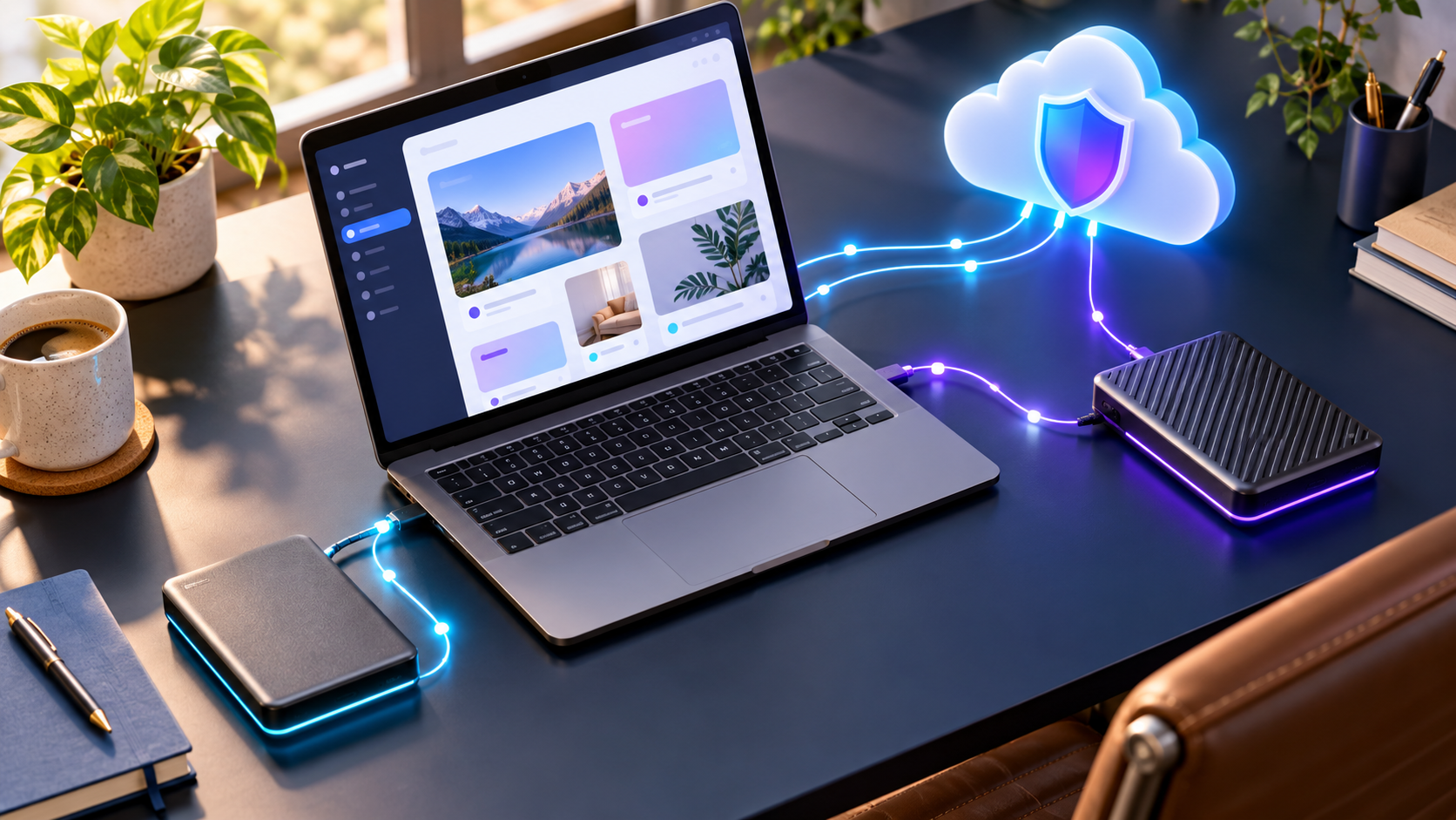 Laptop website connected to independent backup drives and a cloud shield