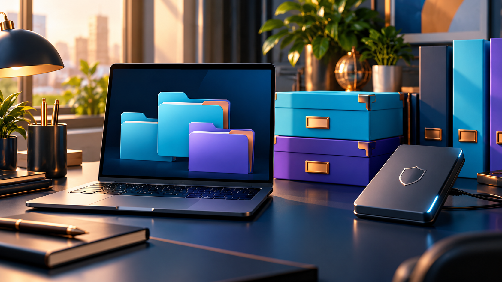 Concept illustration of website storage planning with a laptop, archive boxes and external backup drive