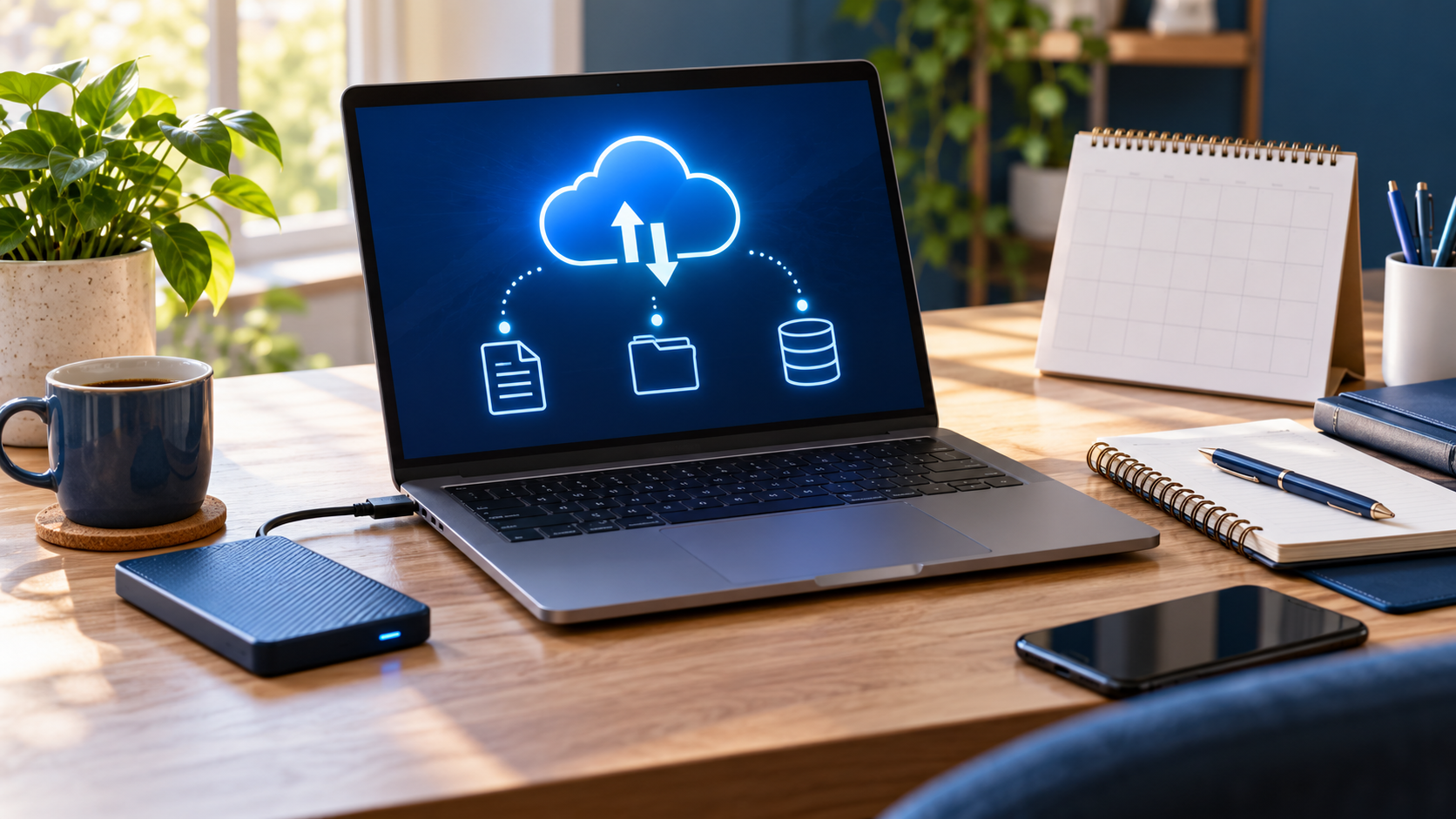Laptop, external backup drive and calendar representing preparation before hosting cancellation