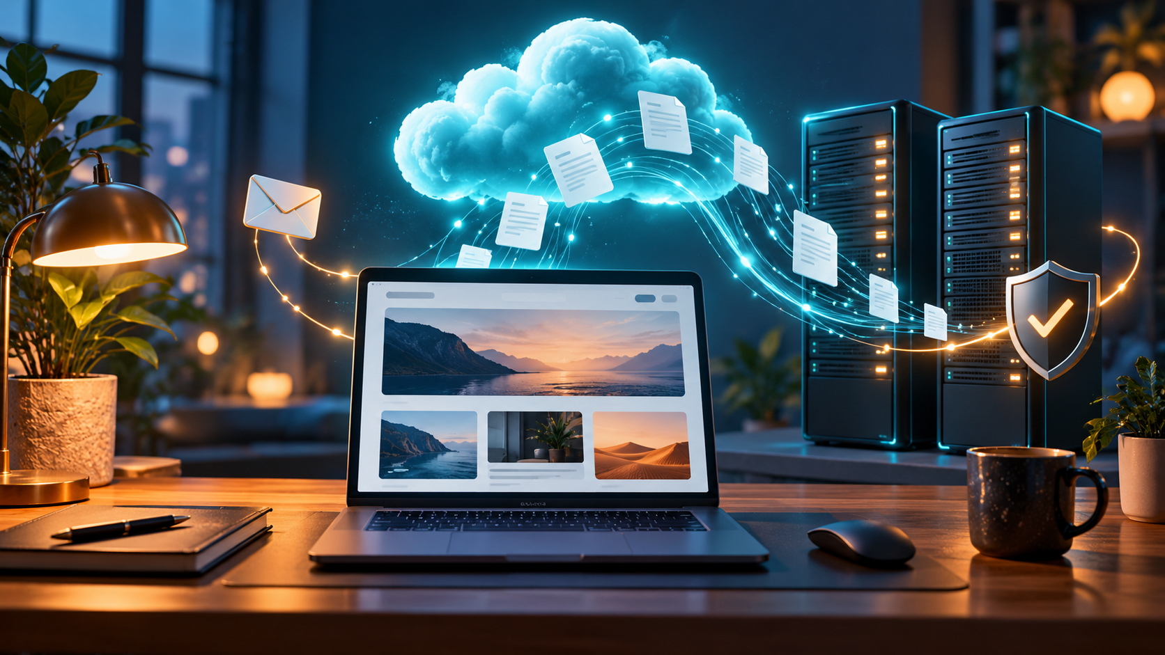 Illustration of a laptop, cloud and servers representing a planned website transfer