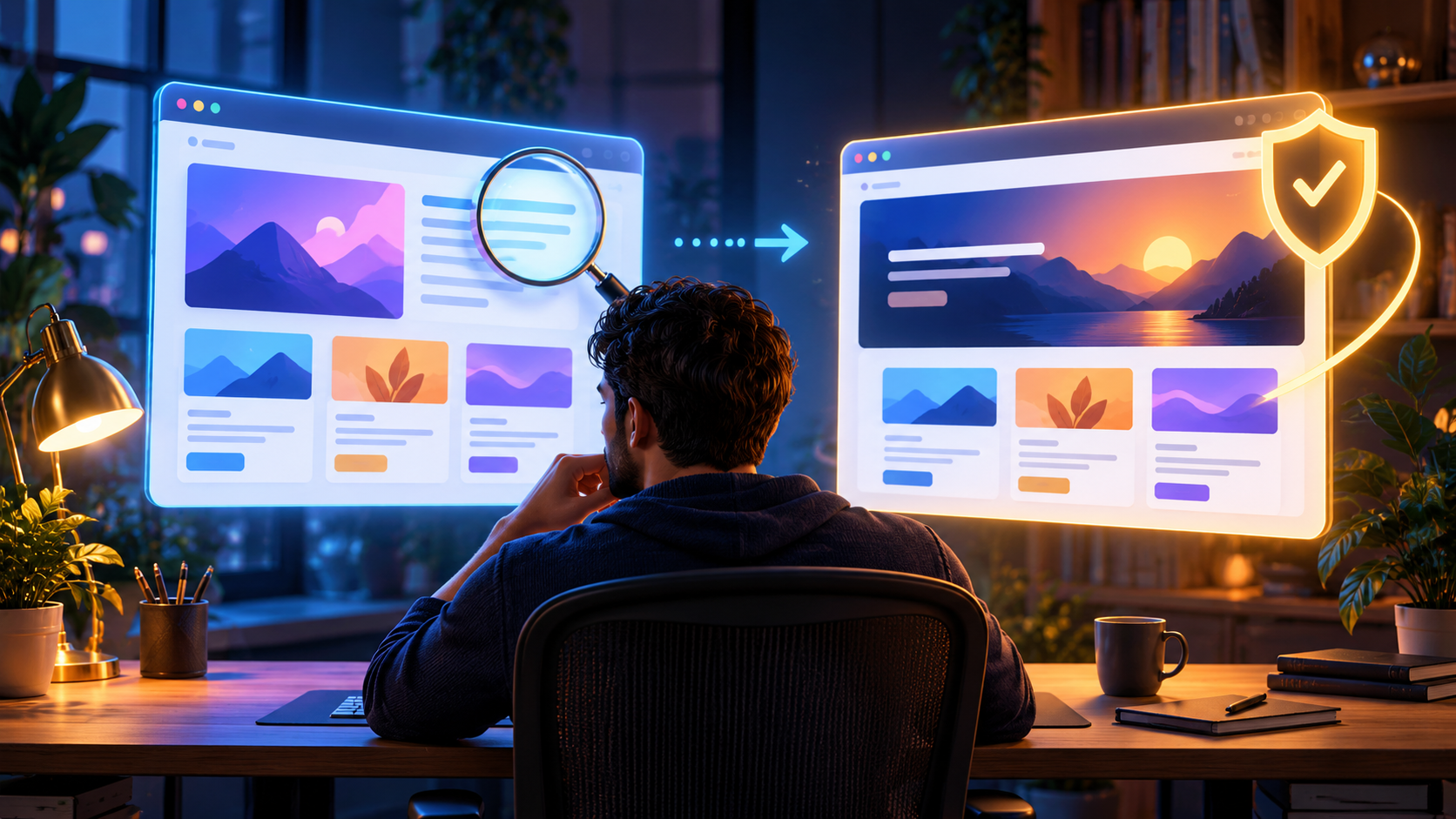 AI-generated illustration of a developer reviewing a staging website before deployment
