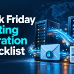 Black Friday hosting migration checklist with servers, a secure email envelope and a website preview