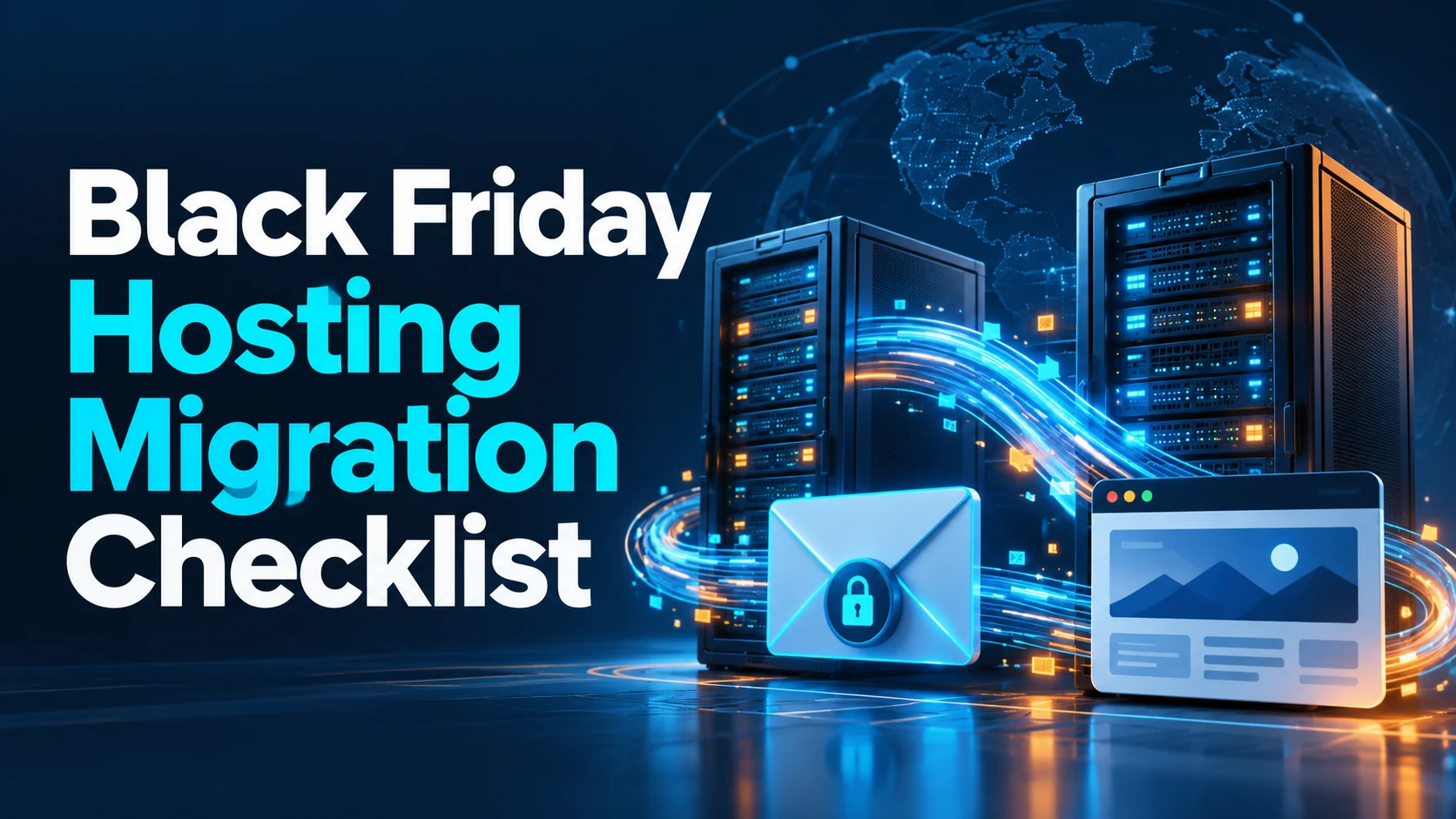 Black Friday hosting migration checklist with servers, a secure email envelope and a website preview