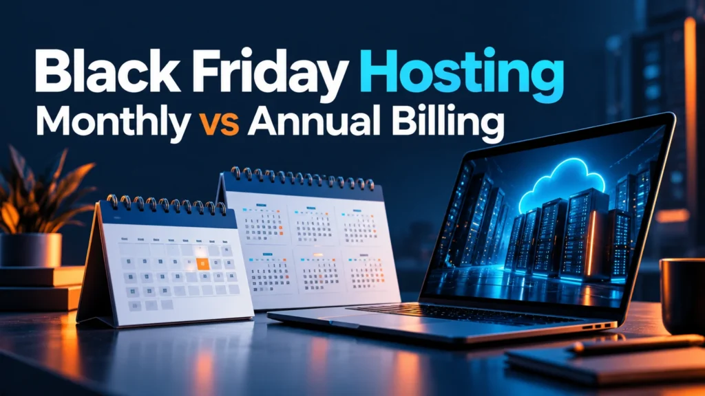 Black Friday hosting monthly vs annual billing with laptop and calendars