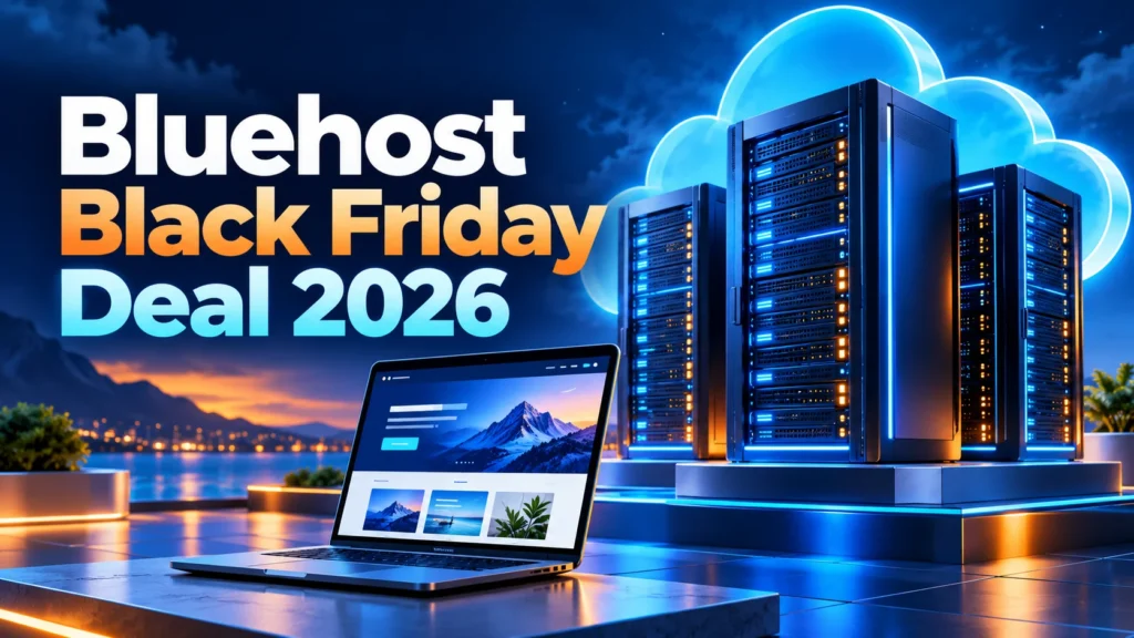 Bluehost Black Friday deal 2026 with cloud hosting servers and a laptop