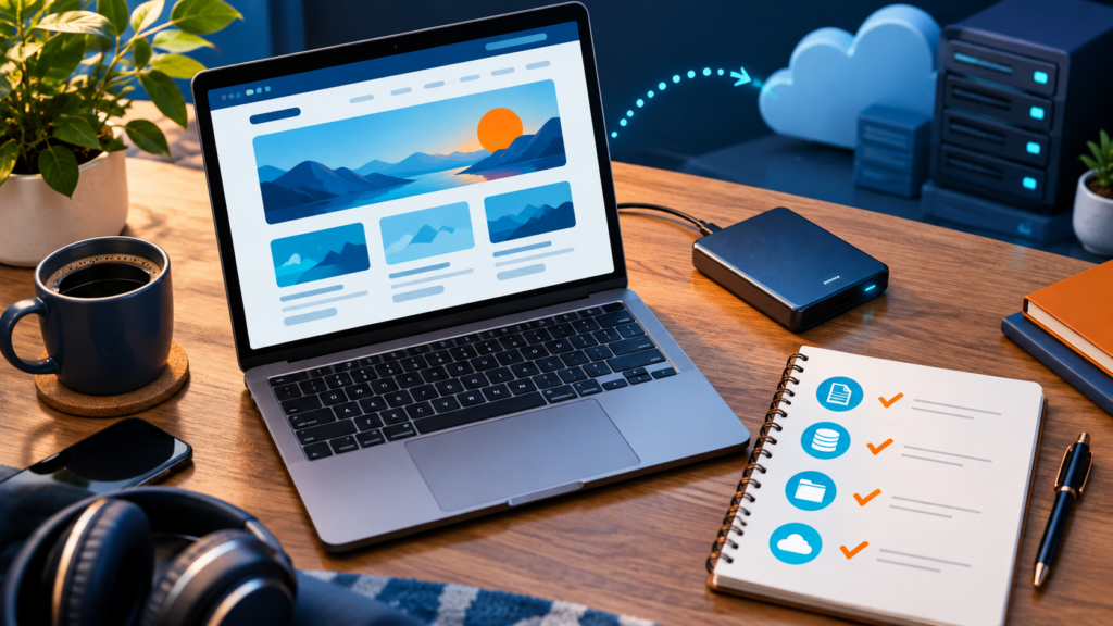 Illustration of a website backup and migration checklist on a laptop workspace