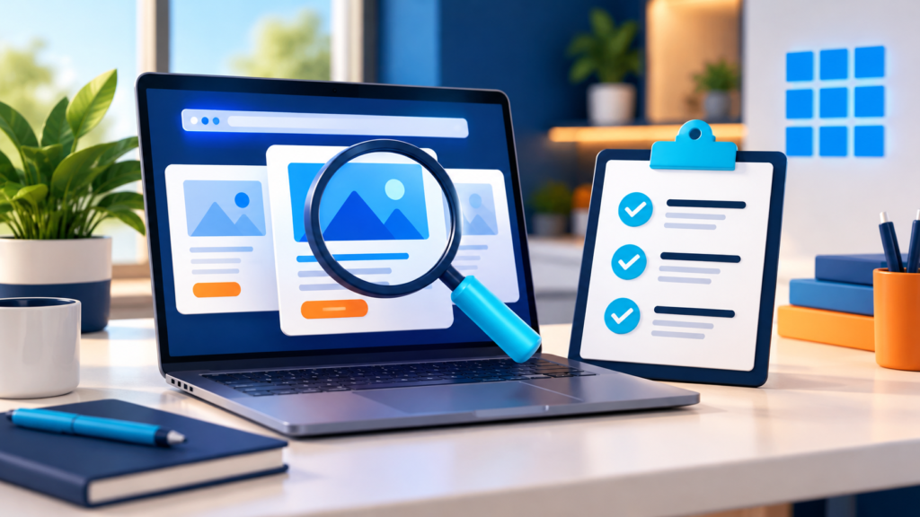 Illustration of a laptop, magnifying glass and website launch checklist