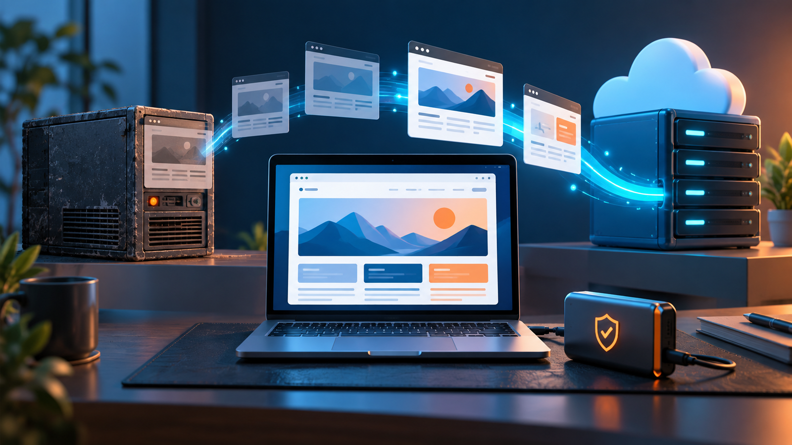 Website migration planning illustration with laptop, backup cloud and connected hosting platforms