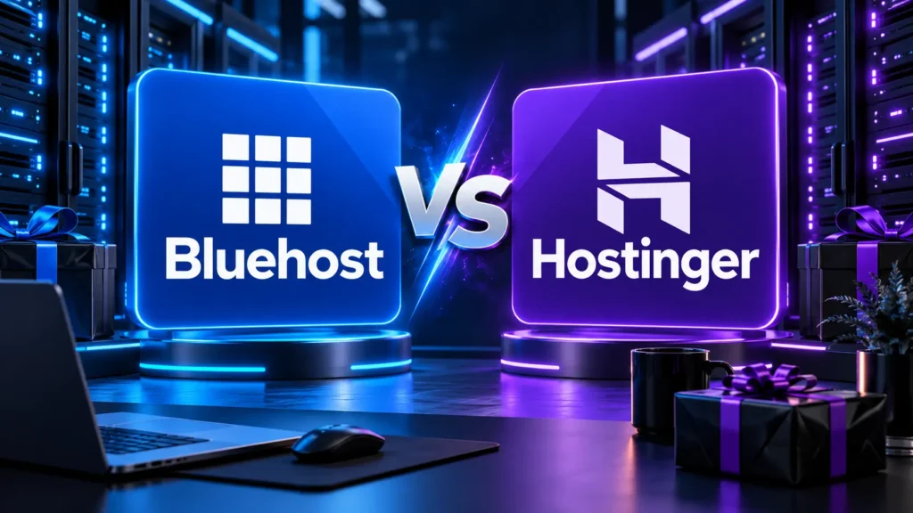 Bluehost versus Hostinger hosting comparison with server racks