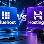 Bluehost versus Hostinger hosting comparison with server racks