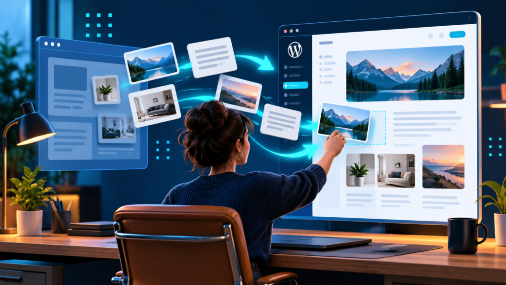 Editorial illustration of website content being rebuilt in a WordPress-style editor