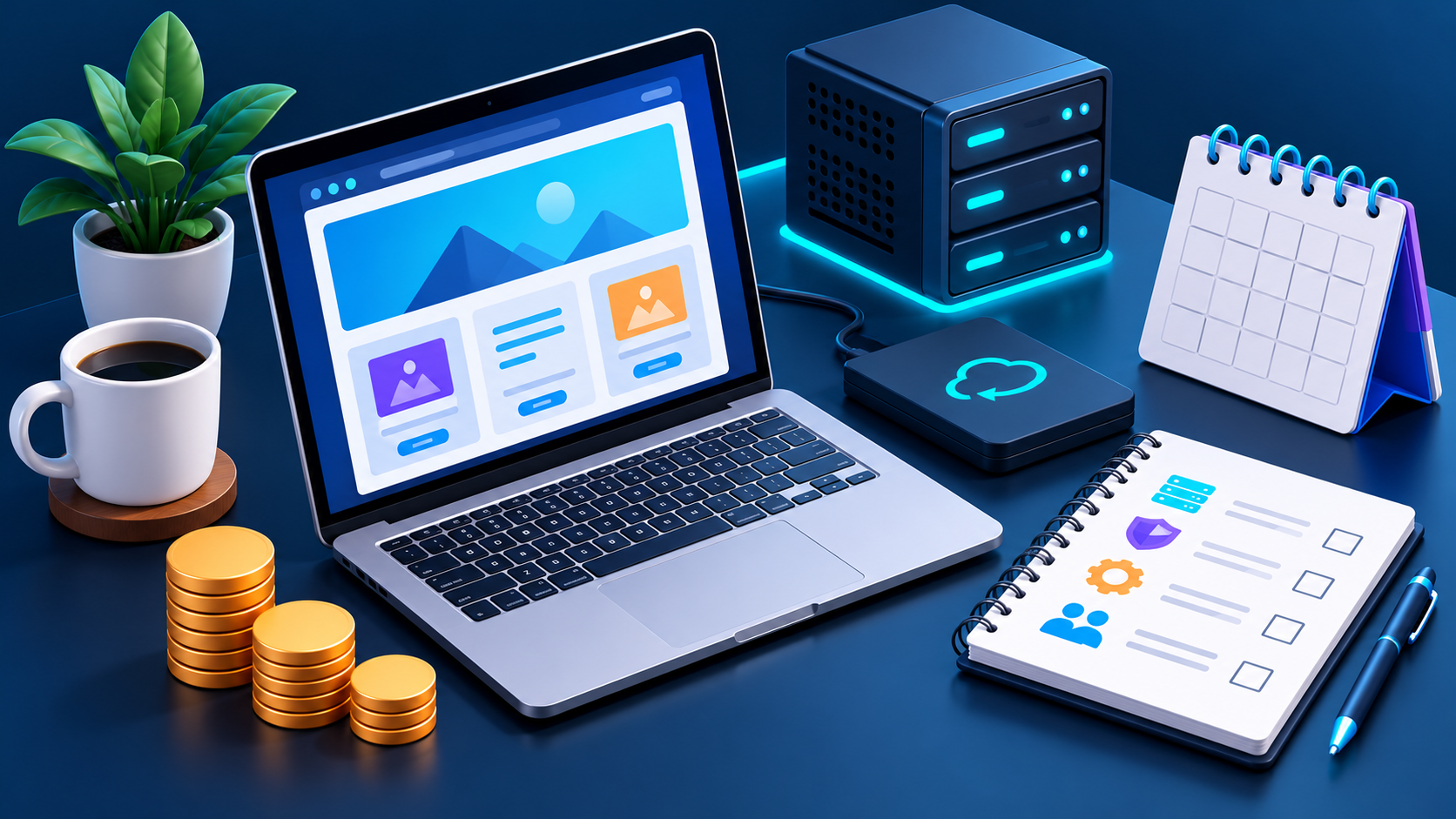 Illustration of a WordPress hosting cost and backup planning workspace