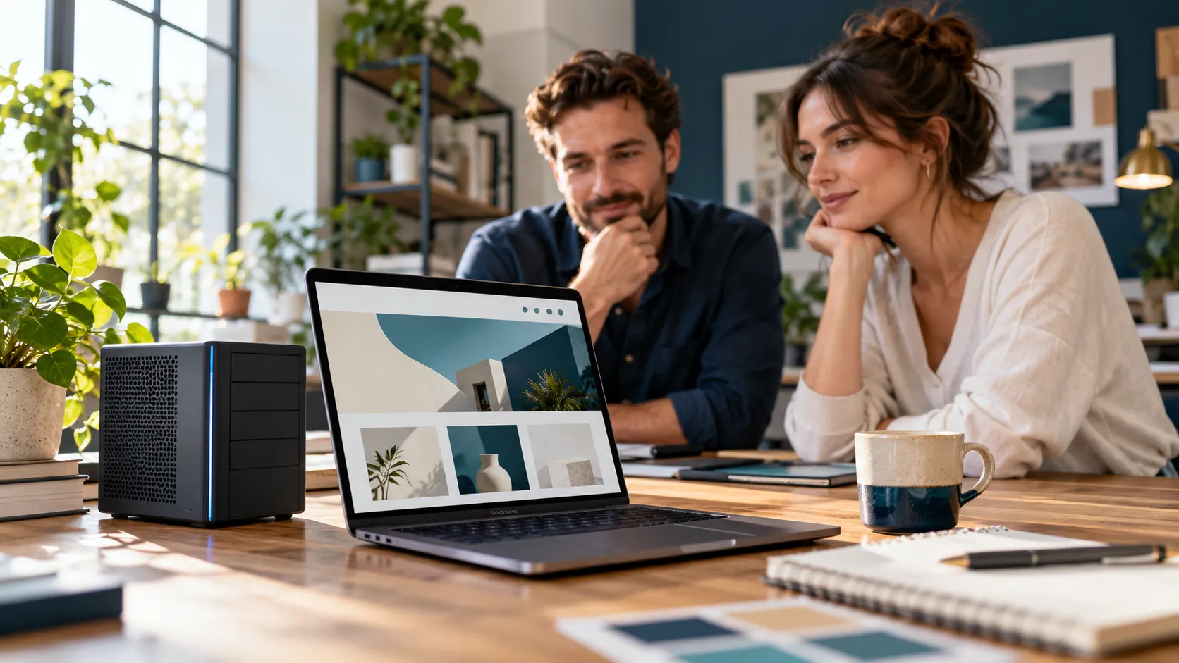 Two small business owners reviewing a website on a laptop beside a desktop server