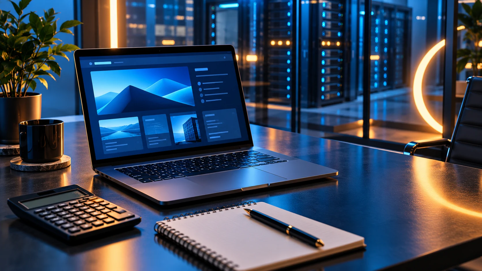 Laptop, calculator and notebook for planning a web hosting budget
