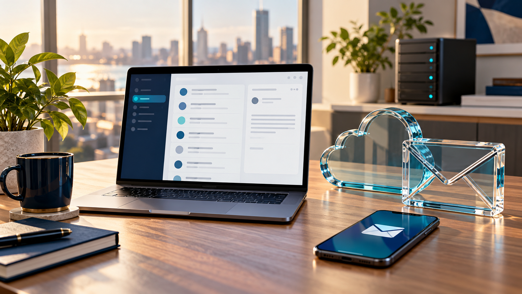 Business email workspace with laptop inbox, smartphone and glass cloud and envelope