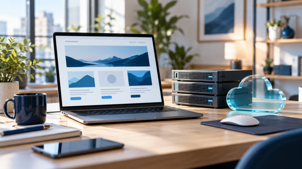 Laptop, server hardware and glass cloud on a small business desk