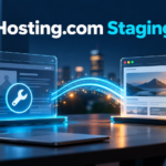 Hosting.com Staging feature image with glass website previews and testing symbols