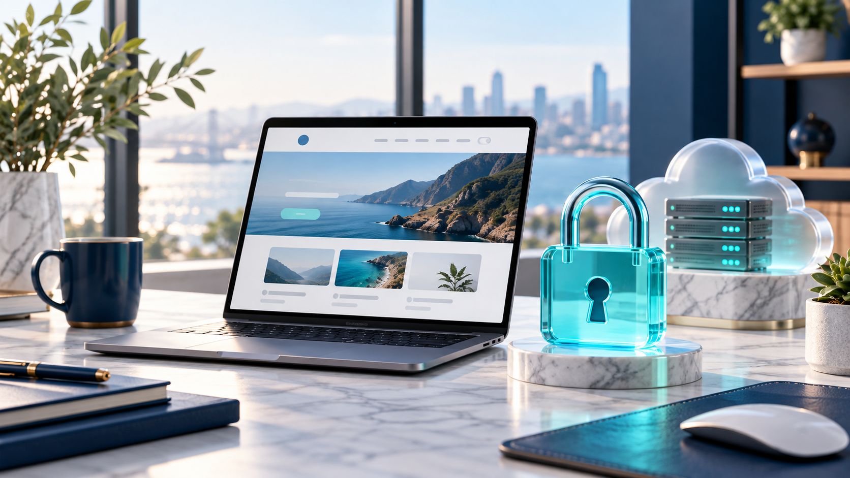 Modern website workspace with laptop, glass padlock and cloud server illustration