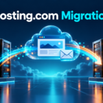 Hosting.com migration illustration showing website and email transfer between servers
