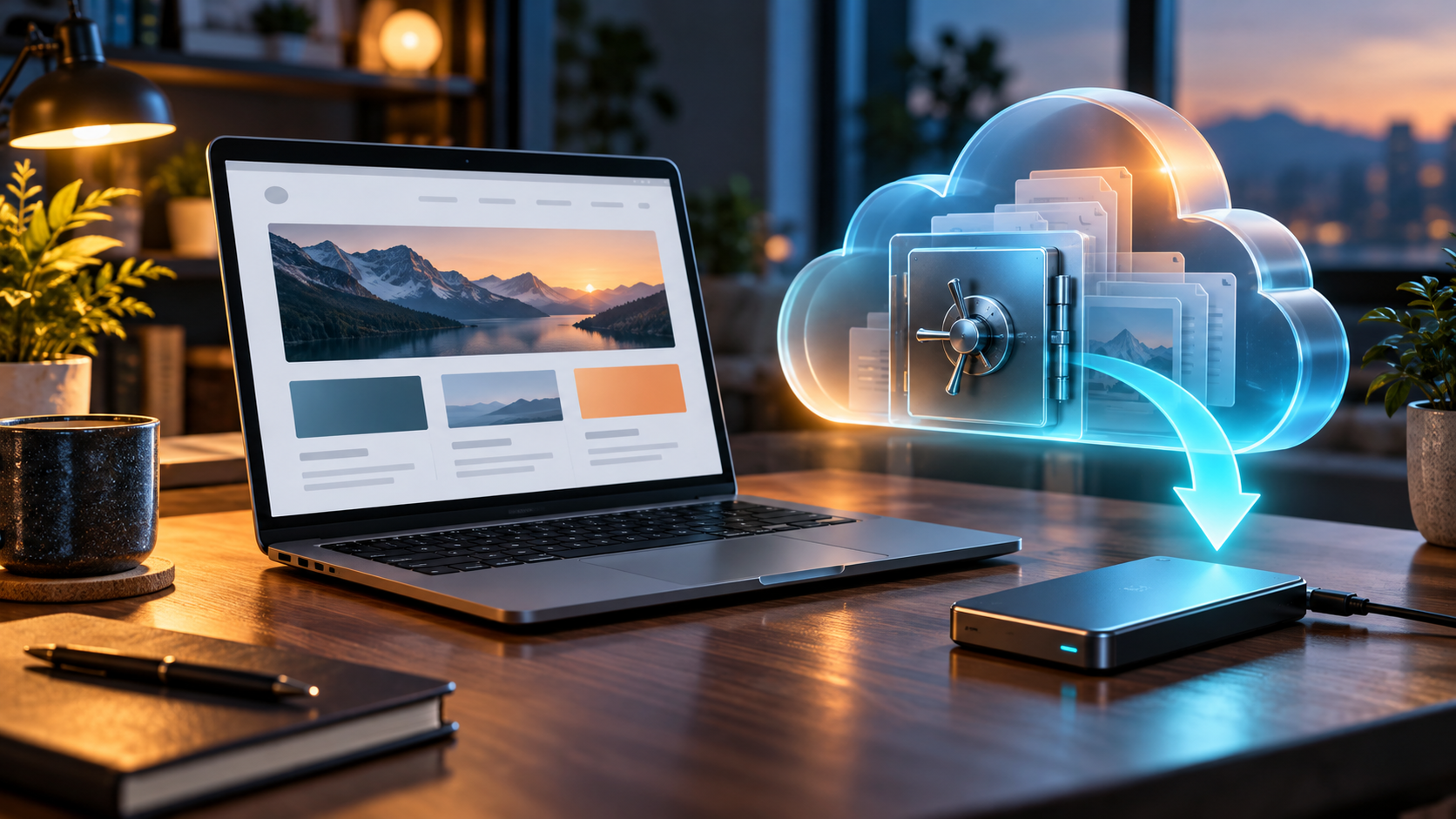 Website backup workspace with laptop, external drive and cloud recovery illustration
