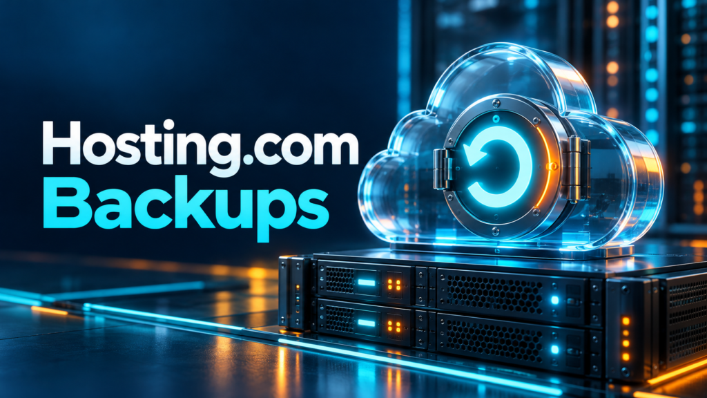 Hosting.com Backups feature image with cloud vault, servers and recovery arrow
