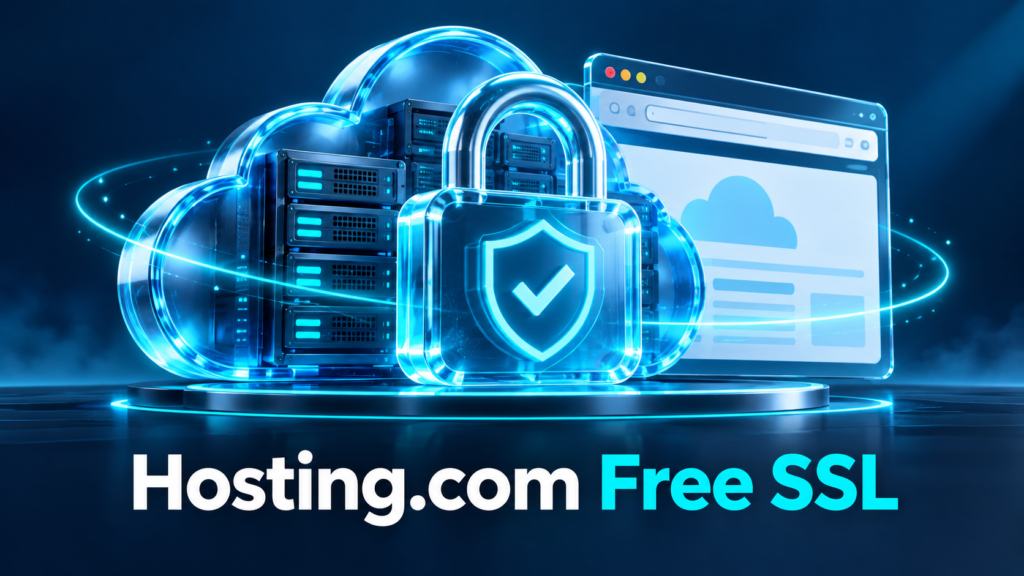 Hosting.com free SSL with glass padlock and cloud server illustration