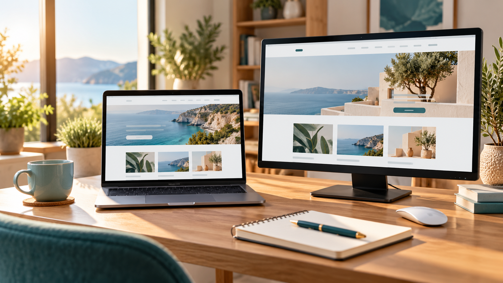 WordPress staging workspace with matching website previews on a laptop and monitor