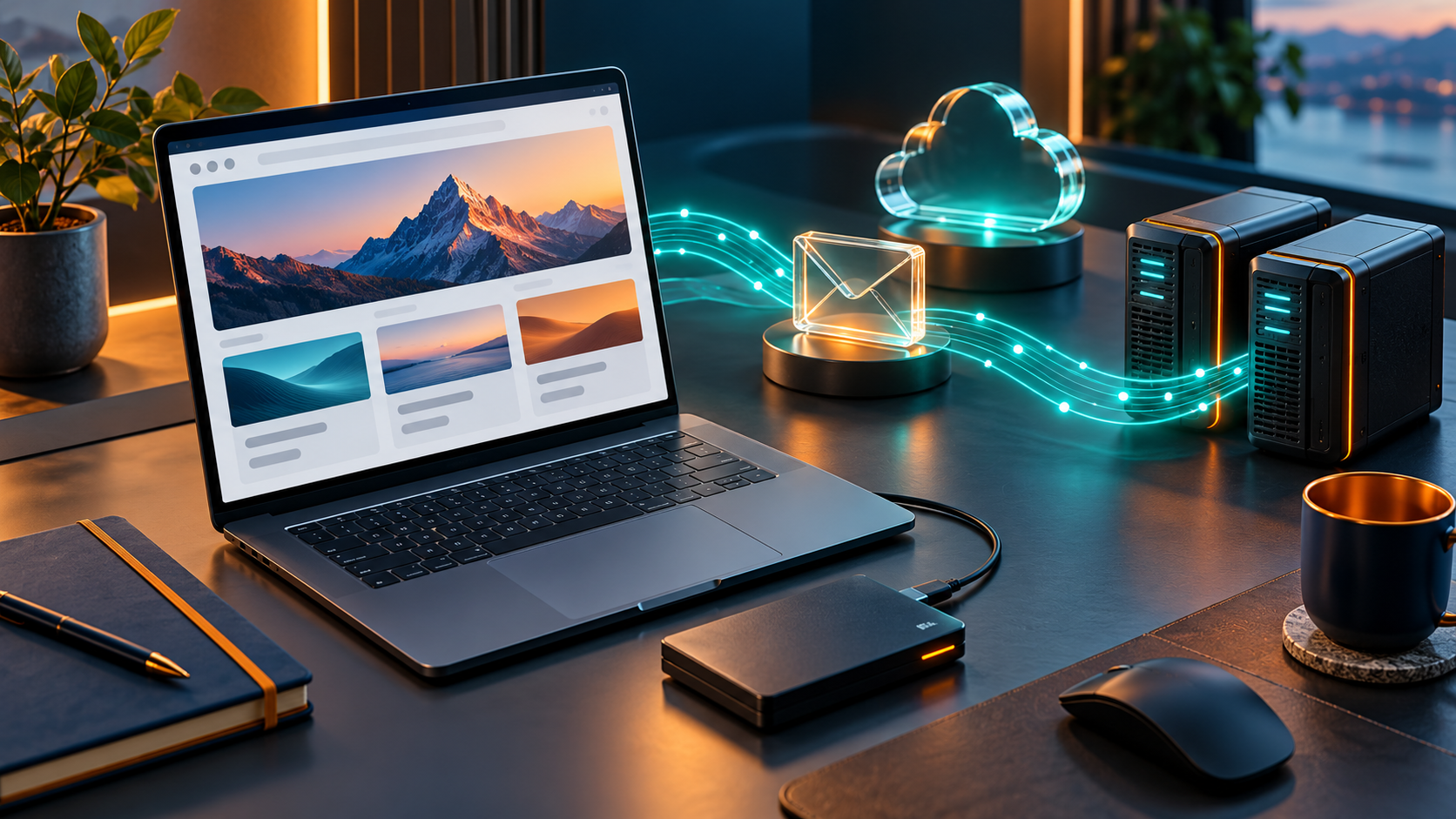 Website migration workspace with laptop, backup drive, cloud and email symbols