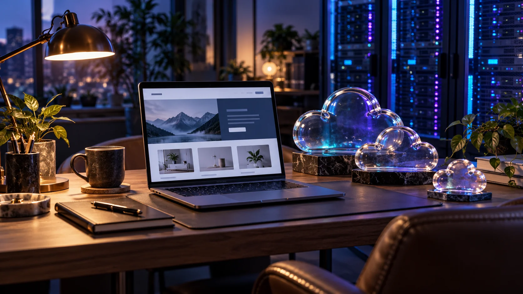 WordPress hosting comparison workspace with laptop and cloud infrastructure illustration