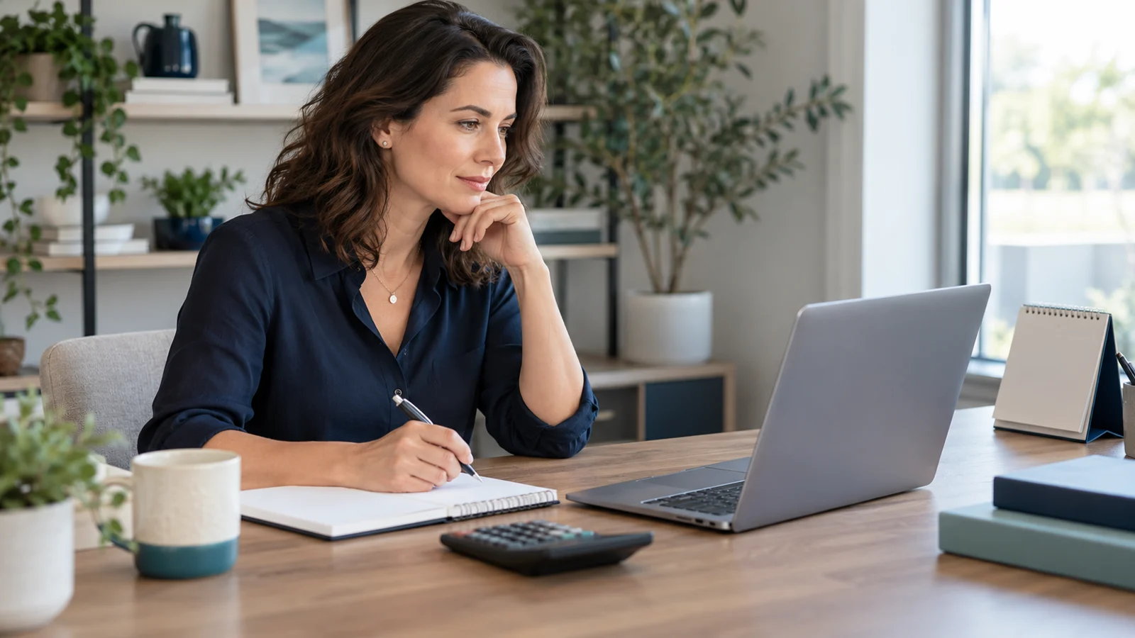 Business owner comparing a hosting budget with a laptop, calendar and calculator