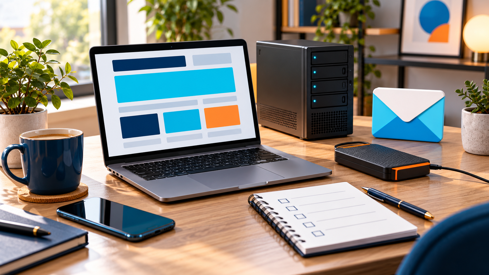 Website hosting planning desk with laptop, server, backup drive and email illustration