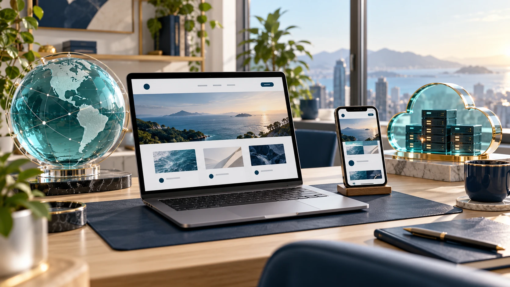 Hosting.com CDN planning workspace with laptop, mobile device and globe
