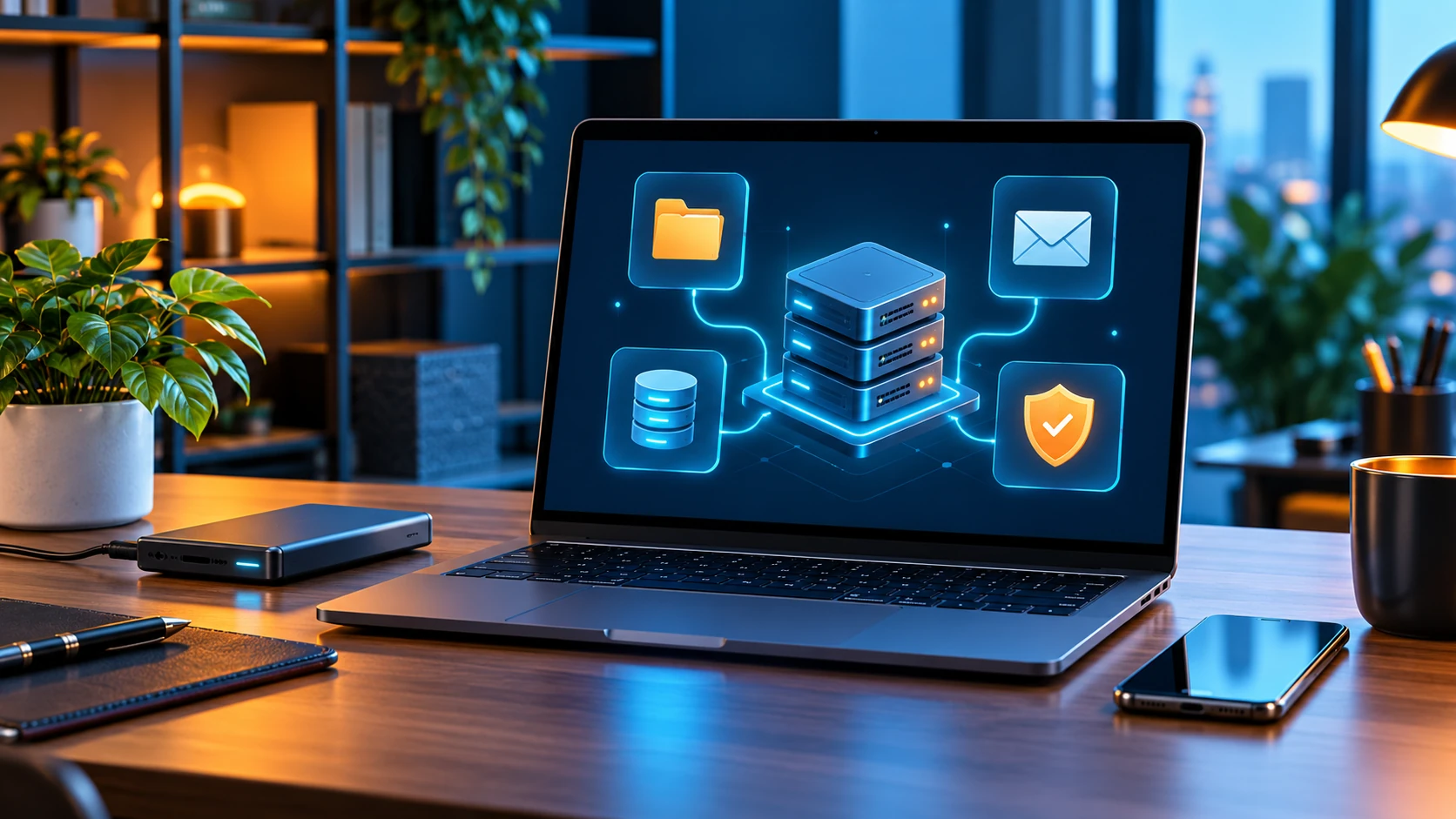 Hosting.com cPanel planning workspace with laptop and backup drive