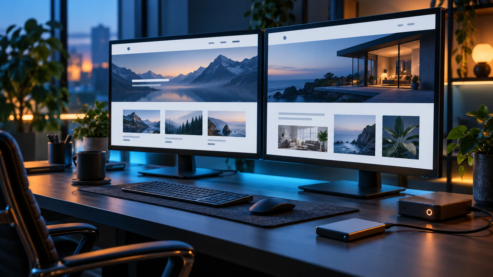 Two monitors and backup drives for testing a website migration