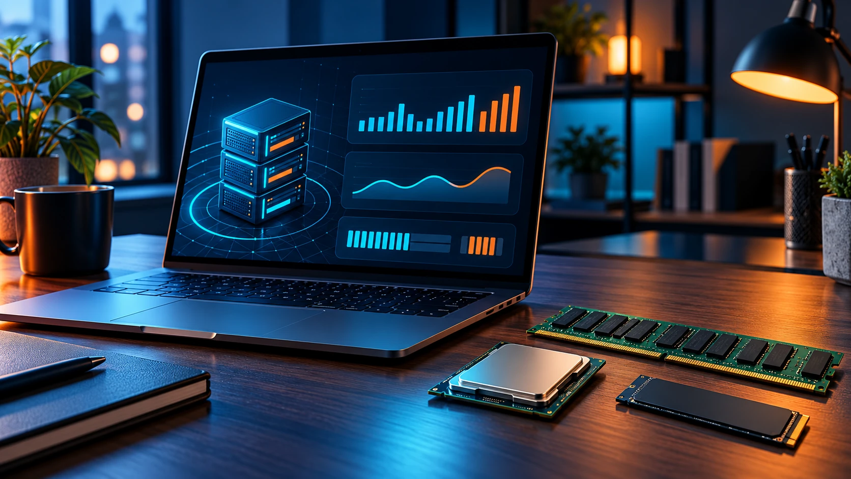 Hosting resource planning workspace with laptop, memory and storage components