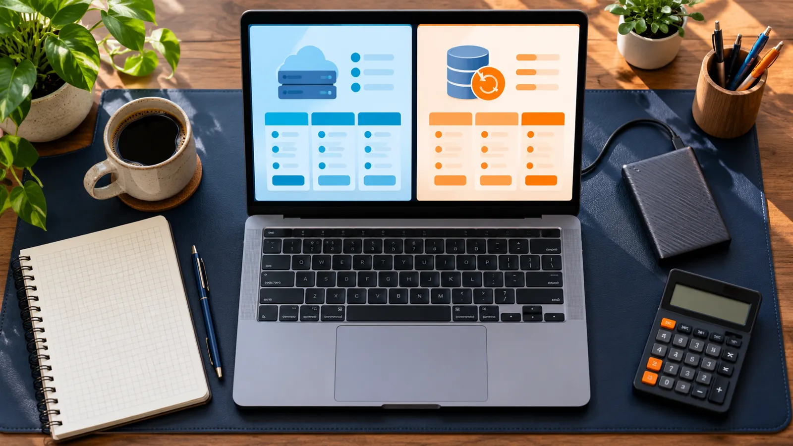 Laptop showing two hosting options beside a backup drive and calculator