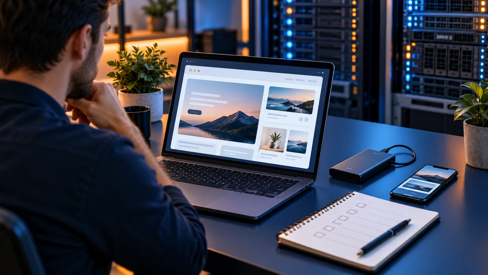 Website owner checking a migrated website preview beside an external backup drive