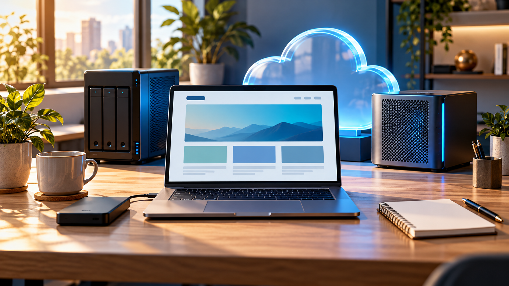 Small business desk with laptop, cloud illustration, two servers and backup drive
