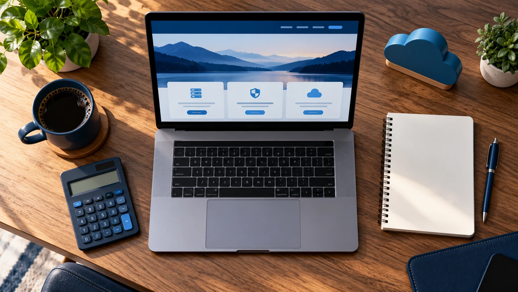 Laptop, calculator and notebook for planning an IONOS hosting budget