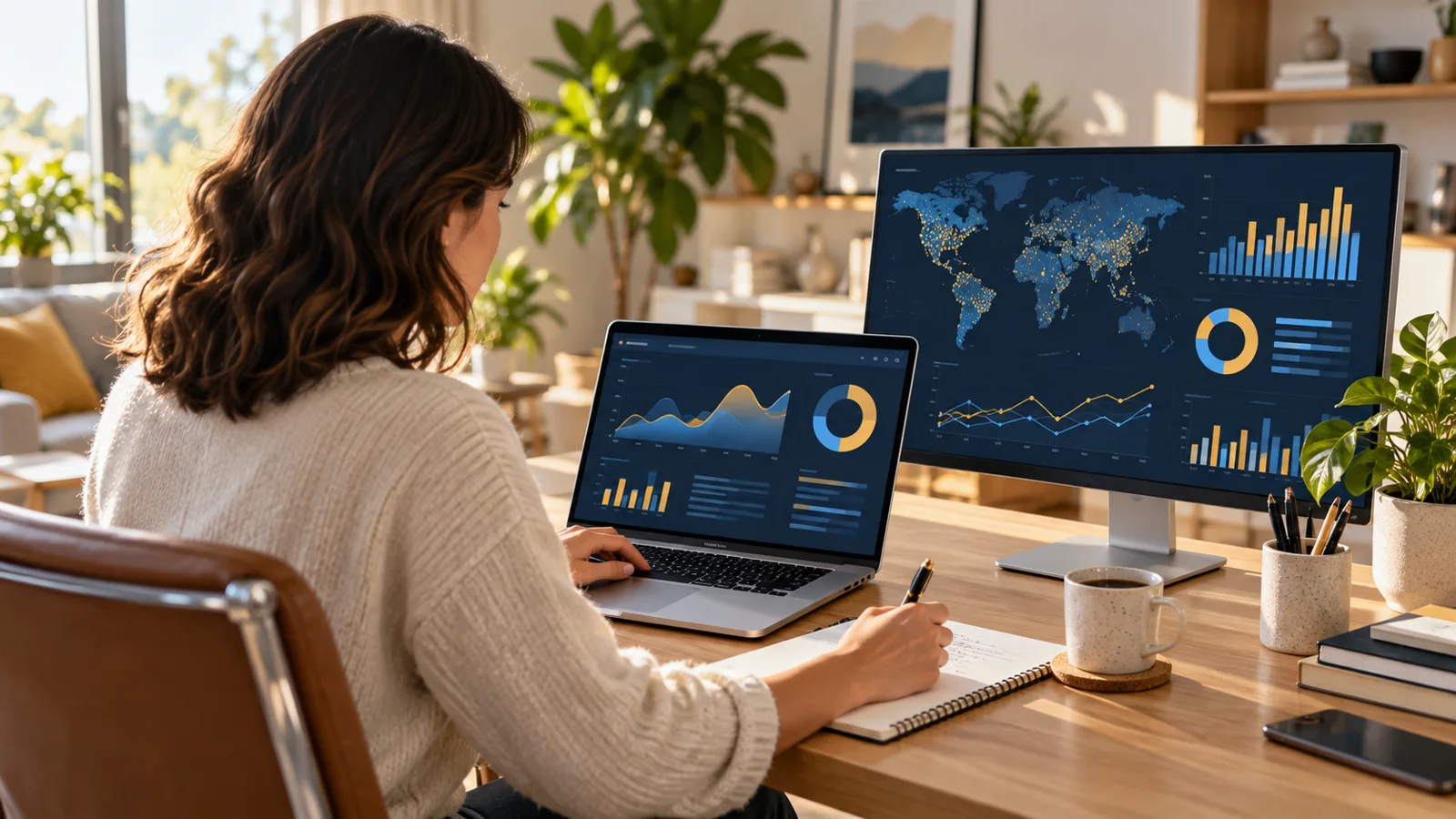 Concept illustration of an analyst using business dashboards on a Mac and external monitor
