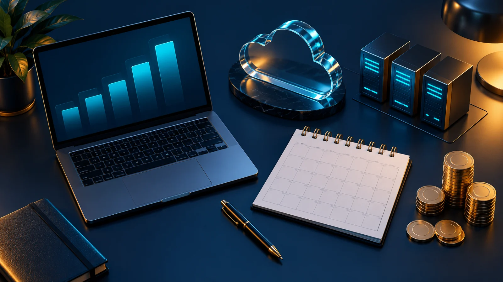 Laptop, cloud and calendar illustrating hosting commitment and renewal budgeting