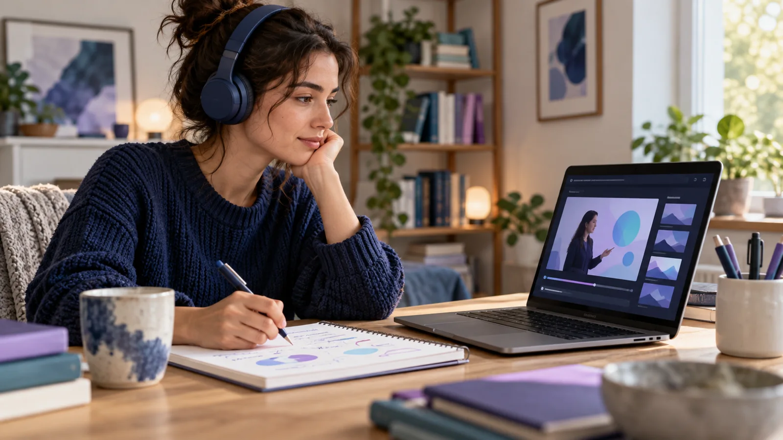 Learner studying an online video course at home with headphones and a notebook