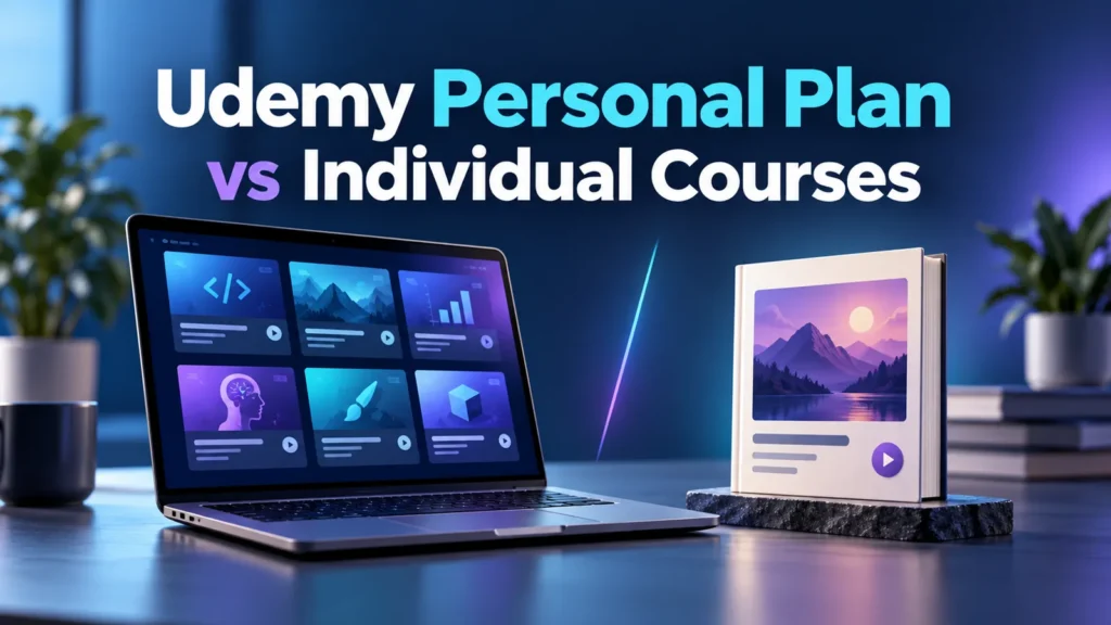 Udemy Personal Plan vs individual courses comparison with laptop and course book