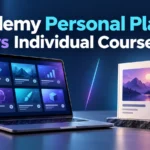 Udemy Personal Plan vs individual courses comparison with laptop and course book
