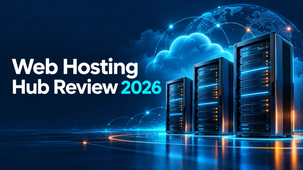 Web Hosting Hub Review 2026 with three server towers
