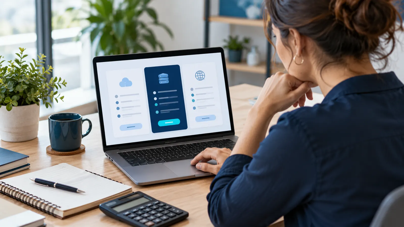 Small business owner comparing web hosting plans on a laptop