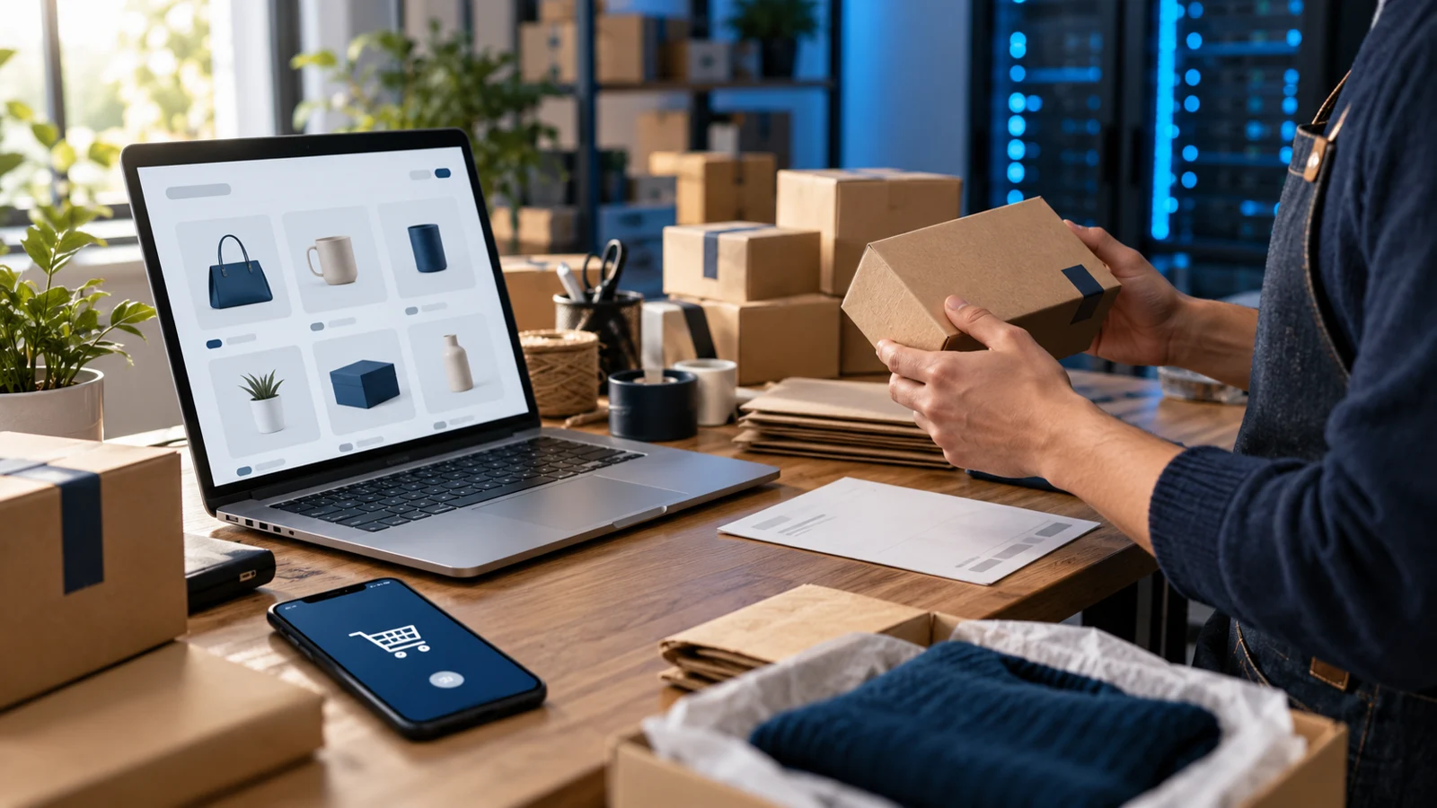 WooCommerce store owner packing an order beside an online store laptop